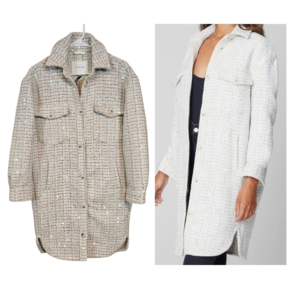 Blank NYC Grand Entrance Sequined Shirt Jacket Tweed Shacket Coat Long - Picture 10 of 10